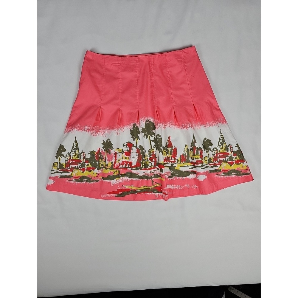 Old Navy Coral Pink City Print Skyline A-Line Pleated Skirt Size 4